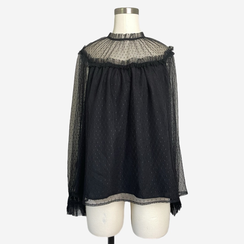 Jcrew NWT Black ruffle-trim dot tulle sheer mesh blouse soft goth holiday L